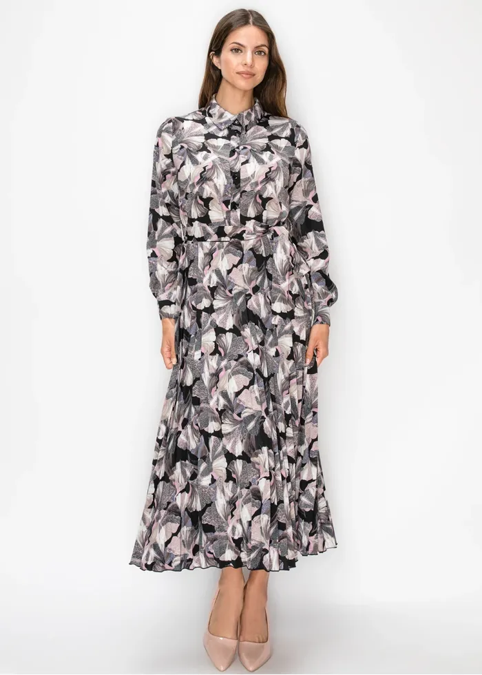 Collared Floral Print Pleated Dress