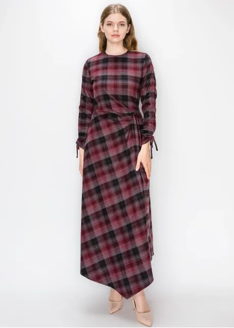 Burgundy Plaid Dress with Side Tie