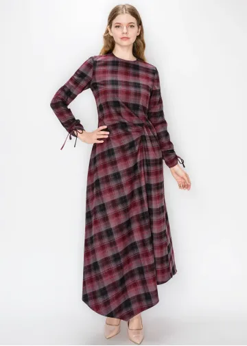 Burgundy Plaid Dress with Side Tie