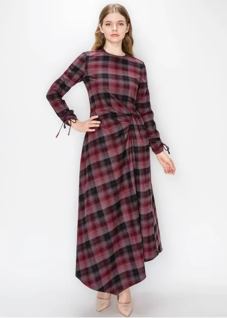 Burgundy Plaid Dress with Side Tie