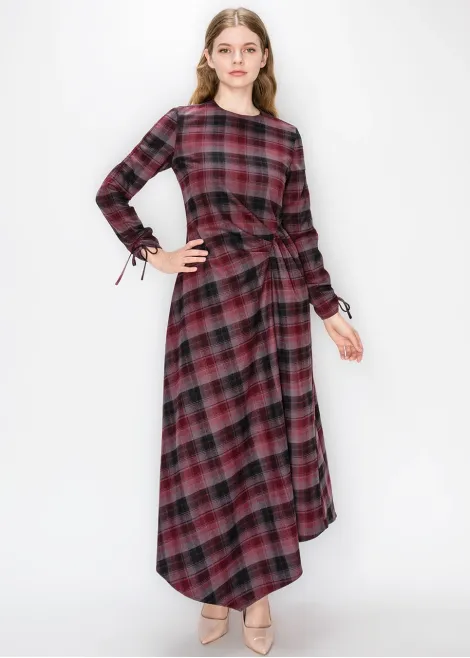Burgundy Plaid Dress with Side Tie