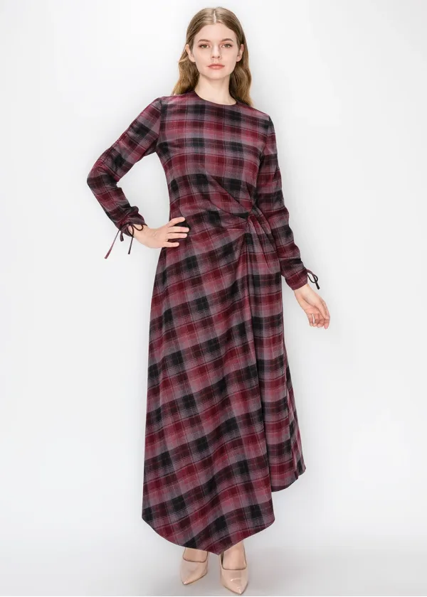 Burgundy Plaid Dress with Side Tie