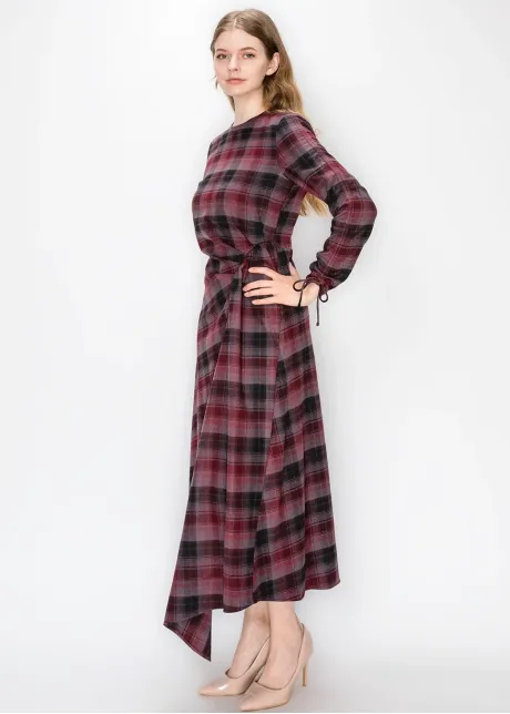 Burgundy Plaid Dress with Side Tie