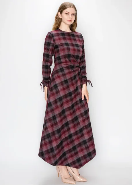 Burgundy Plaid Dress with Side Tie