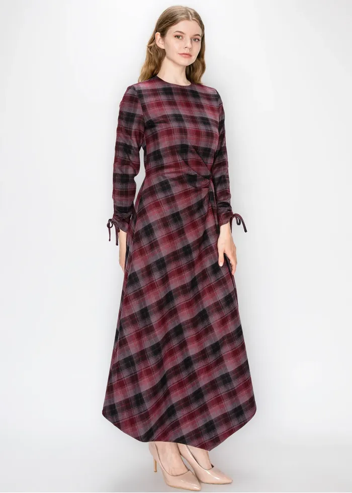 Burgundy Plaid Dress with Side Tie