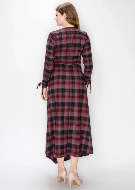 Burgundy Plaid Dress with Side Tie