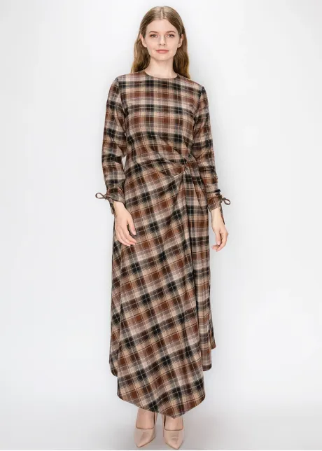 Camel Plaid Dress with Side Tie