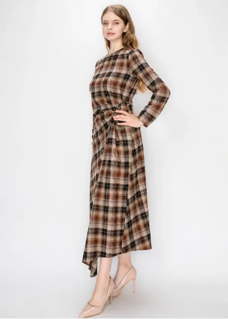 Camel Plaid Dress with Side Tie