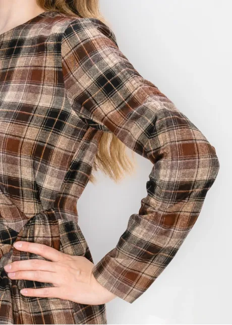 Camel Plaid Dress with Side Tie