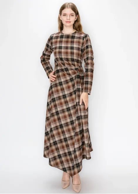 Camel Plaid Dress with Side Tie