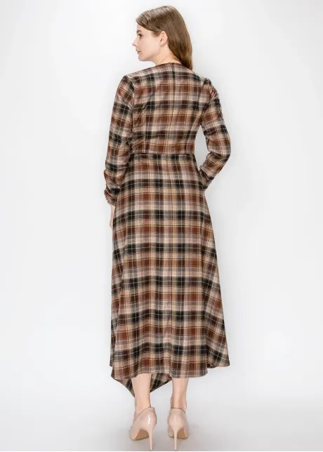 Camel Plaid Dress with Side Tie