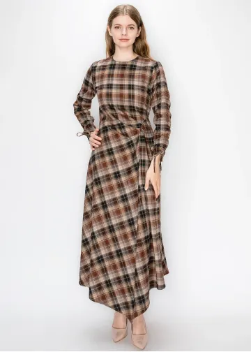 Camel Plaid Dress with Side Tie