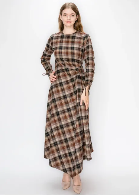 Camel Plaid Dress with Side Tie