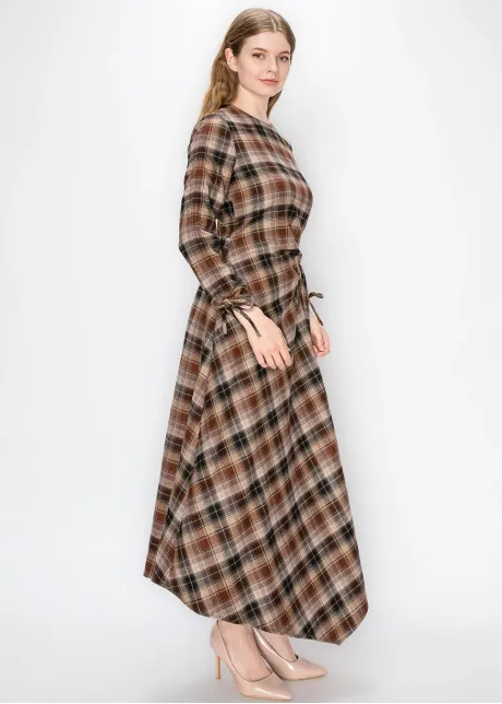 Camel Plaid Dress with Side Tie