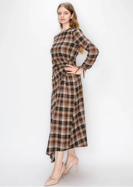 Camel Plaid Dress with Side Tie