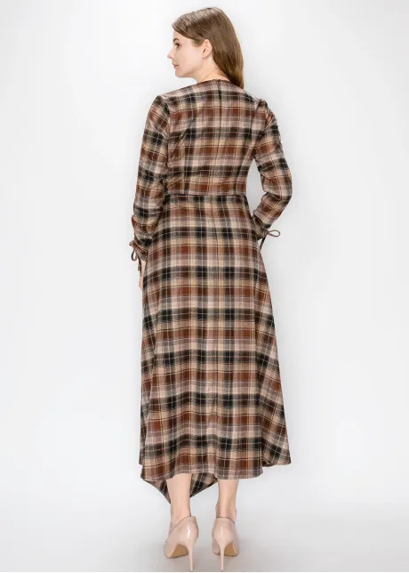 Camel Plaid Dress with Side Tie