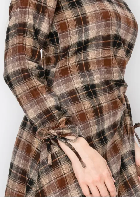 Camel Plaid Dress with Side Tie