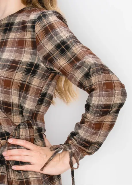 Camel Plaid Dress with Side Tie