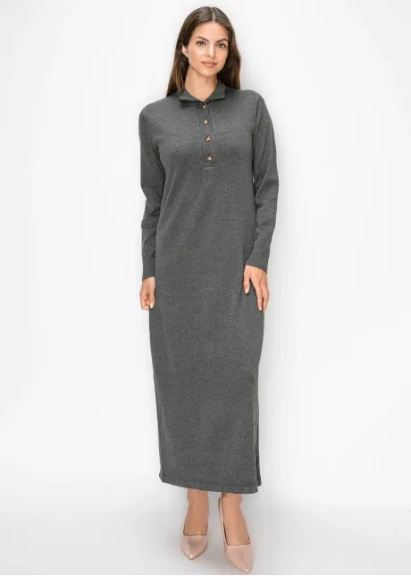 Grey Knit Polo Dress, Long Sleeve
