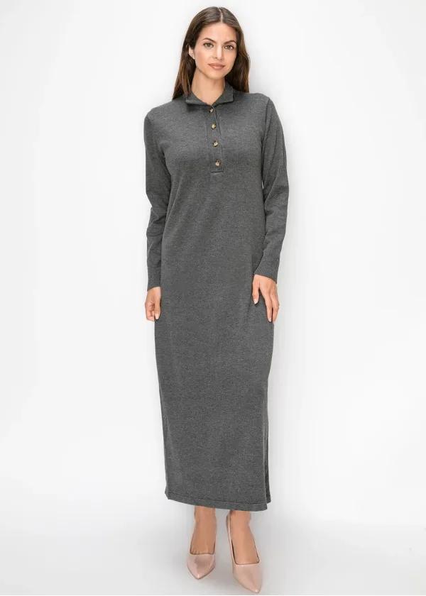 Grey Knit Polo Dress, Long Sleeve