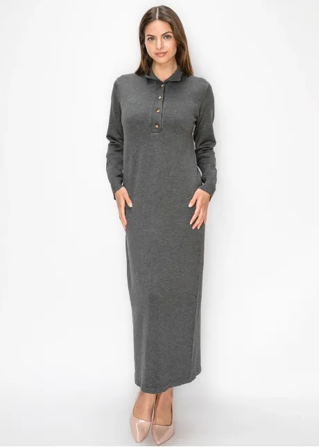Grey Knit Polo Dress, Long Sleeve