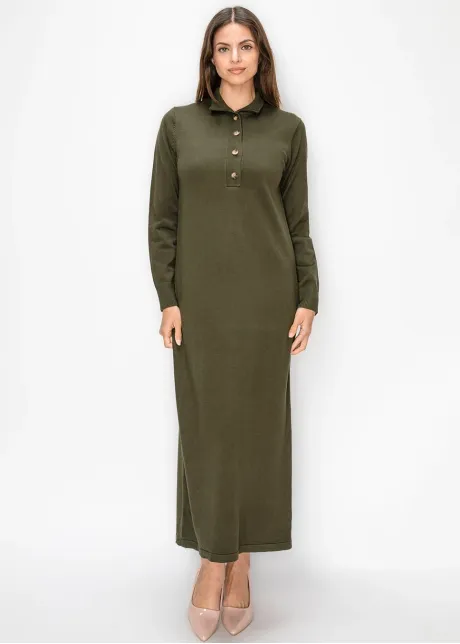 Olive Button Placket Sweater Dress