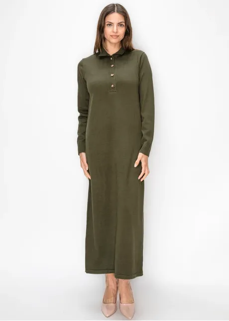 Olive Button Placket Sweater Dress