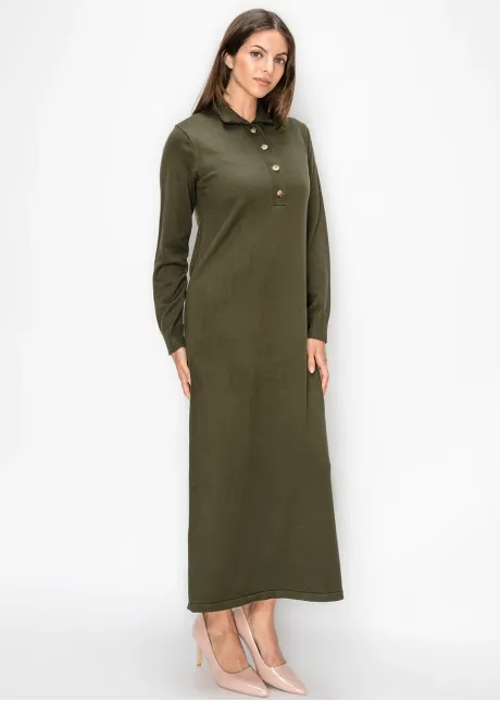 Olive Button Placket Sweater Dress