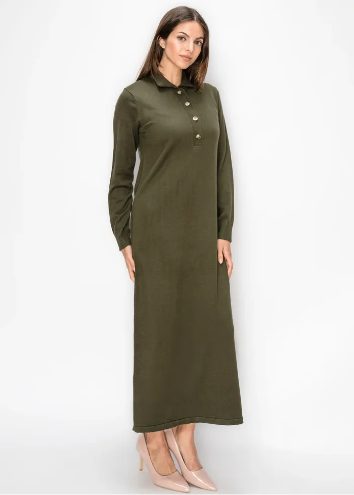 Olive Button Placket Sweater Dress