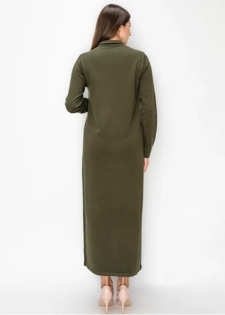 Olive Button Placket Sweater Dress