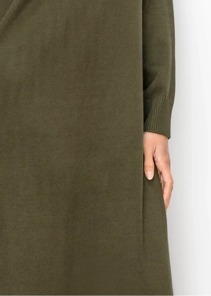 Olive Button Placket Sweater Dress