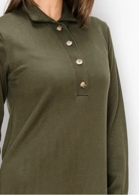 Olive Button Placket Sweater Dress