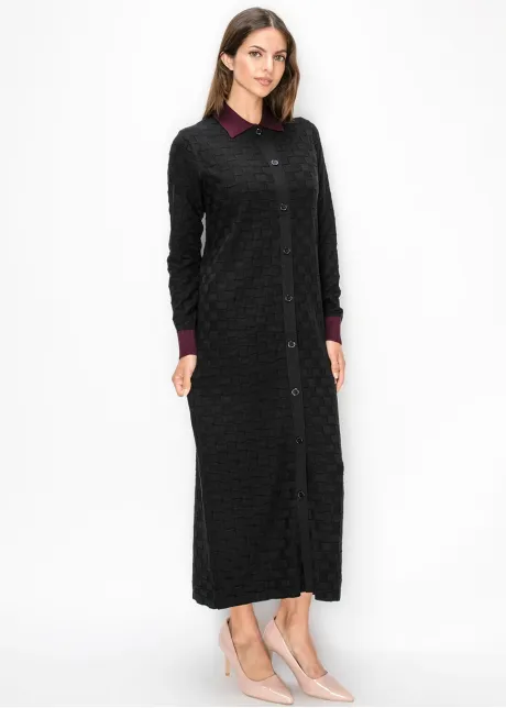 Black Knit Dress with Burgundy Collar