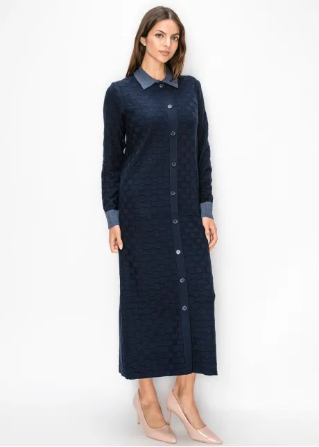 Navy Knit Dress with Contrast Collar