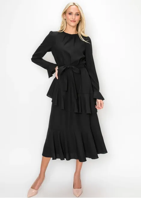 Black Tiered Ruffle Midi Dress