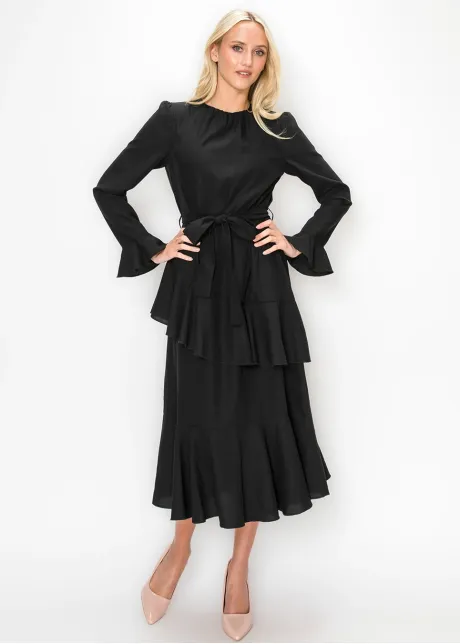 Black Tiered Ruffle Midi Dress