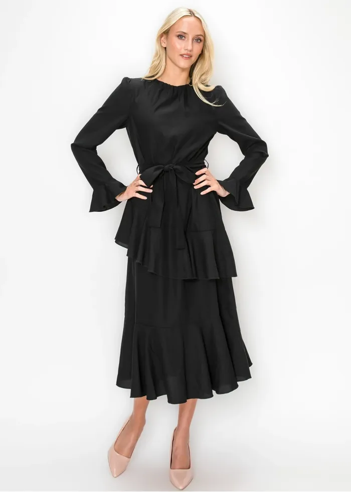 Black Tiered Ruffle Midi Dress