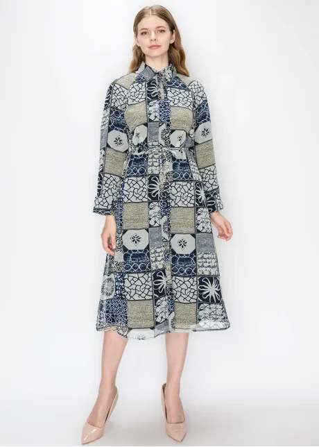 Belted Patchwork Chiffon Midi Dress