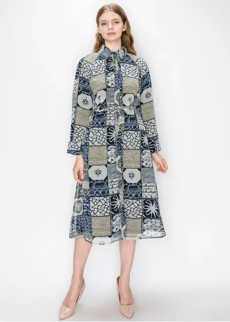 Belted Patchwork Chiffon Midi Dress