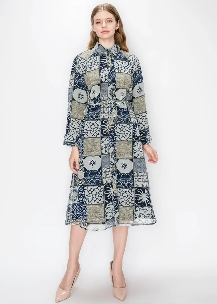 Belted Patchwork Chiffon Midi Dress