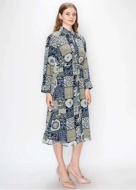 Belted Patchwork Chiffon Midi Dress