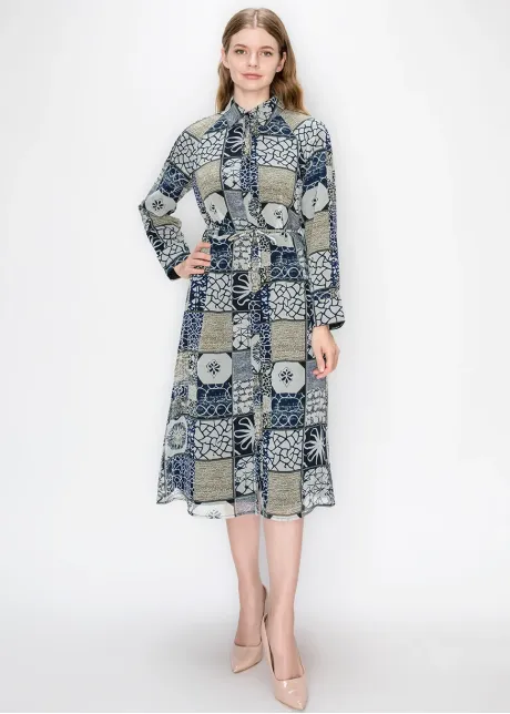 Belted Patchwork Chiffon Midi Dress