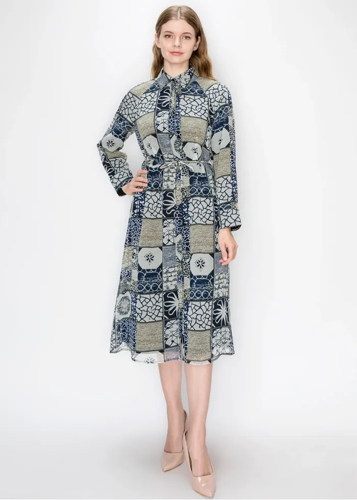 Belted Patchwork Chiffon Midi Dress