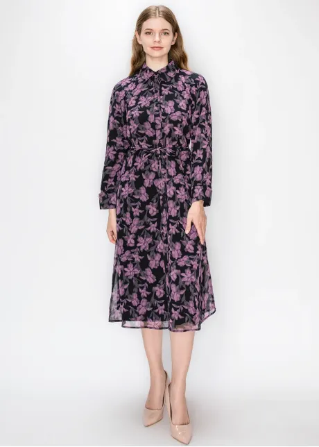 Purple Floral Chiffon Shirt Dress