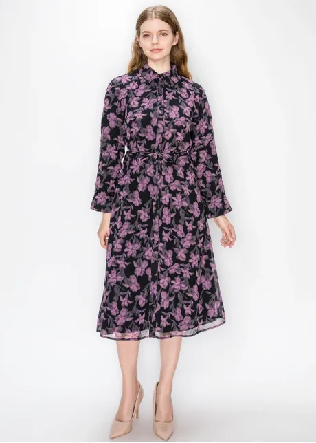 Purple Floral Chiffon Shirt Dress