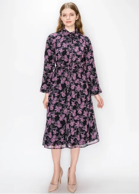 Purple Floral Chiffon Shirt Dress