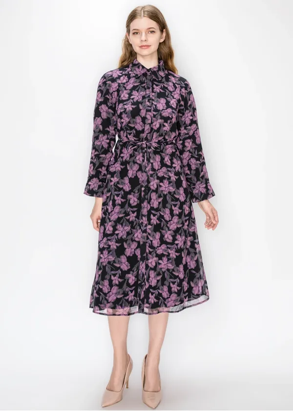 Purple Floral Chiffon Shirt Dress