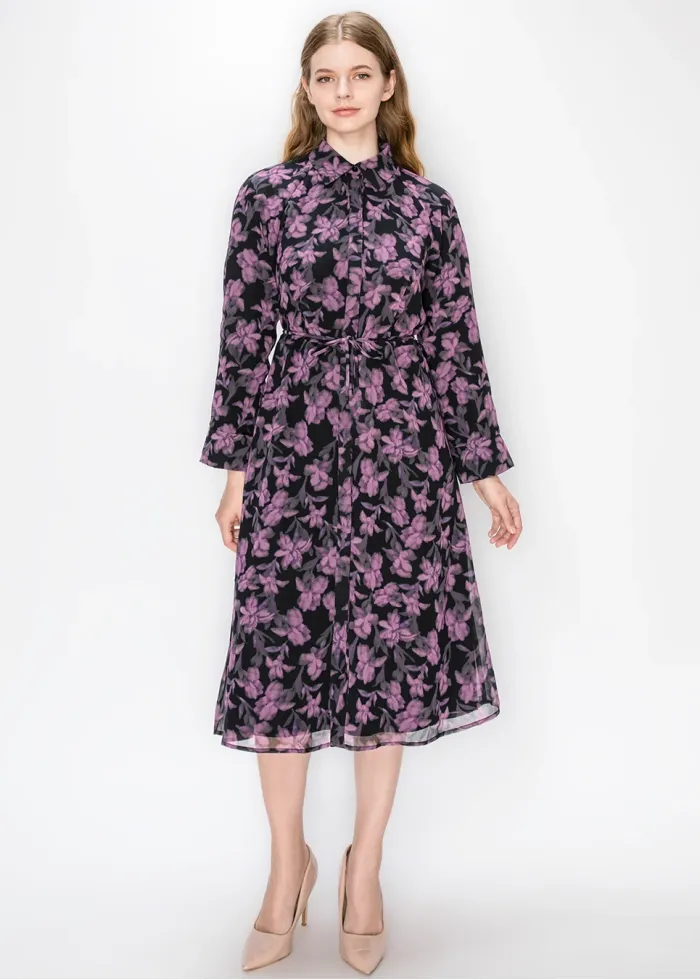 Purple Floral Chiffon Shirt Dress
