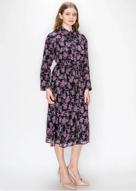 Purple Floral Chiffon Shirt Dress