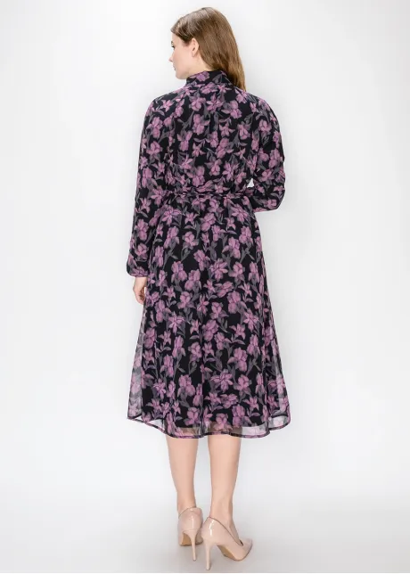 Purple Floral Chiffon Shirt Dress